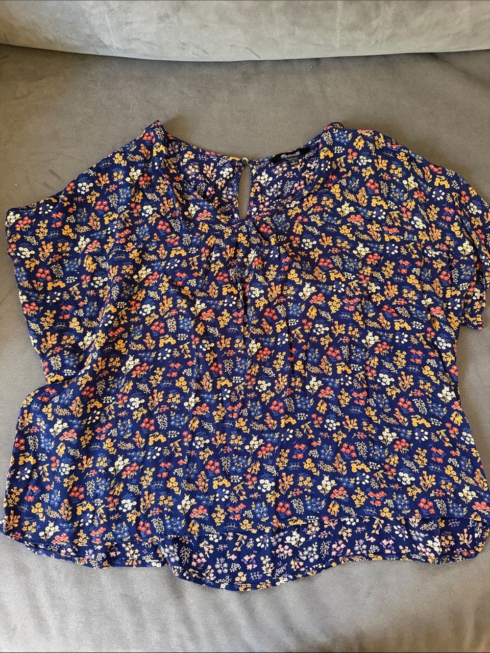 Madewell Navy Floral Keyhole Short Sleeve Blouse